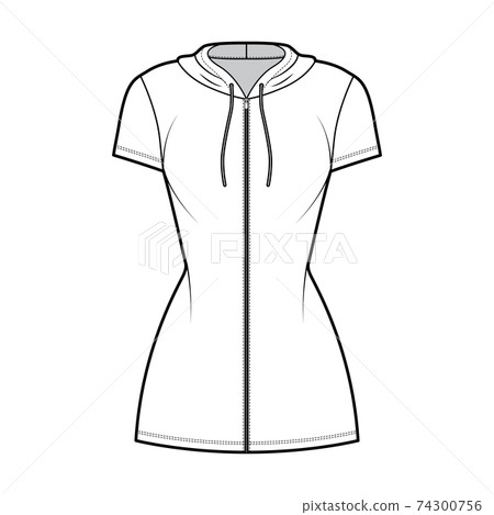 Hoodie zip-up dress technical fashion illustration with short sleeves, mini length, fitted body, Pencil fullness. Flat  74300756