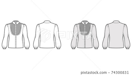 Blouse tuxedo technical fashion illustration with long bouffant sleeves, classic collar, pintucked bib, oversized. Flat Blouse tuxedo technical fashion illustration with long bouffant sleeves, classic collar, pintucked bib, oversized. Flat 74300831