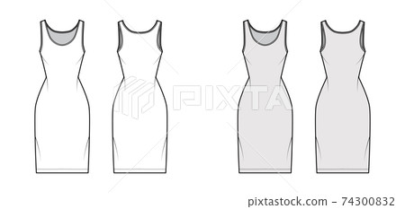 Tank dress technical fashion illustration with scoop neck, straps, knee length, fitted body, Pencil fullness. Flat Tank dress technical fashion illustration with scoop neck, straps, knee length, fitted body, Pencil fullness. Flat 74300832