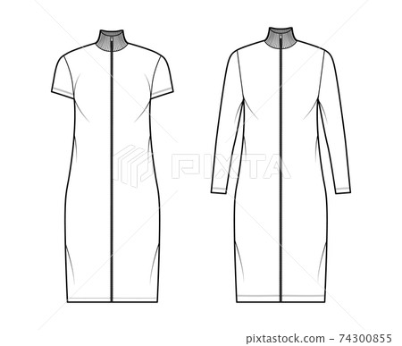 Turtleneck zip-up dress technical fashion illustration with long, short sleeves, knee length, oversized body, Pencil  74300855