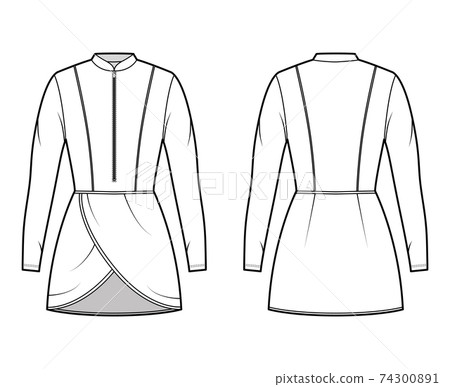 Tunic technical fashion illustration with zip henley neck, long sleeves, fitted body, petals hem. Flat Modest shirt 74300891