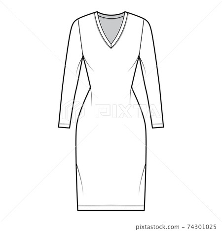 T-shirt dress technical fashion illustration with V-neck, long sleeves, knee length, fitted body, Pencil fullness. Flat 74301025
