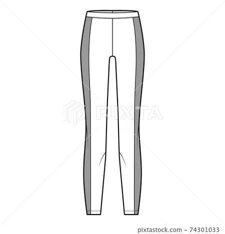 Yoga pants technical fashion illustration with elastic waistband, side panels, training slim, casual knit trousers. Flat 74301033
