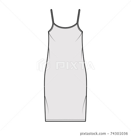 Camisole dress technical fashion illustration with scoop neck, straps, knee length, oversized body, Pencil fullness. 74301036