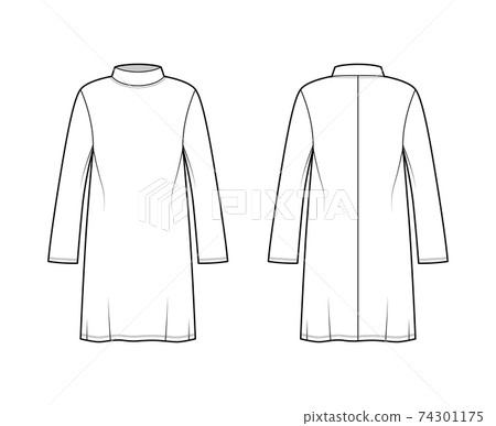 Tunic sweater technical fashion illustration with stand-away collar, long sleeves, oversized, knee length. Flat modest Tunic sweater technical fashion illustration with stand-away collar, long sleeves, oversized, knee length. Flat modest 74301175