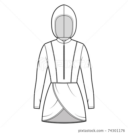 Modest hijab tunic technical fashion illustration with zip henley neck, long sleeves, fitted body, petals hem, hood.  74301176