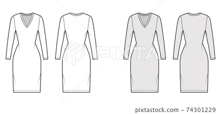 T-shirt dress technical fashion illustration with V-neck, short sleeves,  mini length, fitted body, Pencil fullness. Flat apparel template front,  white color. Women, men, unisex CAD mockup Stock Vector Image & Art 