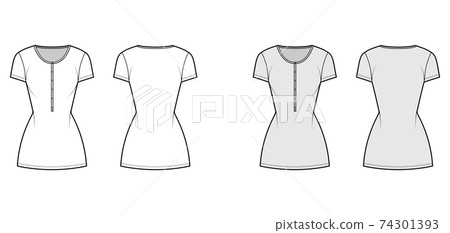Shirt dress mini technical fashion illustration with henley neck, short sleeves, fitted body, Pencil fullness, stretch 74301393