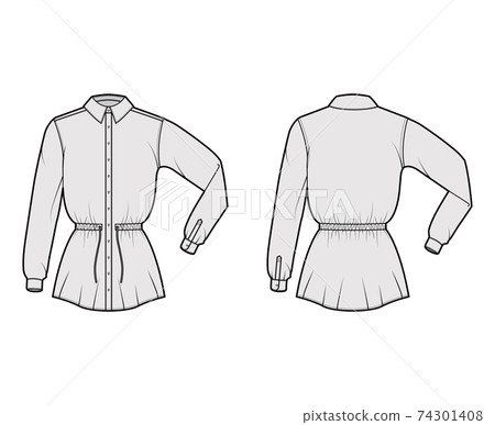 Shirt drawstring gathered waist technical fashion illustration with tie, folded sleeves, tunic length, classic collar 74301408