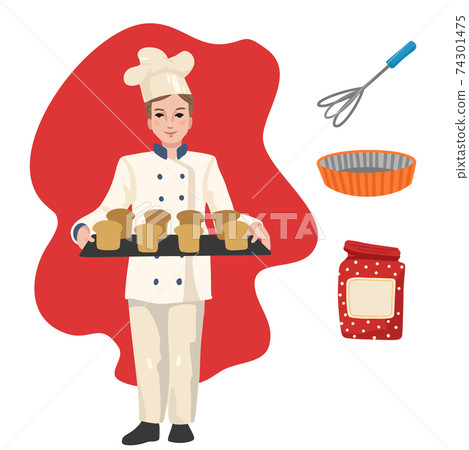 Baker with pastries. Professions, character and items for his work. Children's education. Exercise for preschoolers. Vector flat cartoon illustration. 74301475