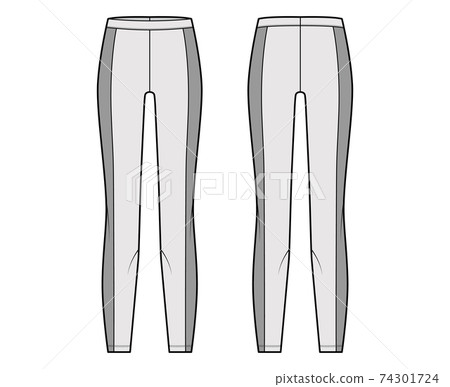 Yoga pants technical fashion illustration with elastic waistband, side panels, training slim, casual knit trousers. Flat 74301724