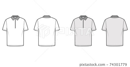 Shirt zip polo technical fashion illustration with short sleeves, tunic length, henley neck, oversized, flat knit collar Shirt zip polo technical fashion illustration with short sleeves, tunic length, henley neck, oversized, flat knit collar 74301779