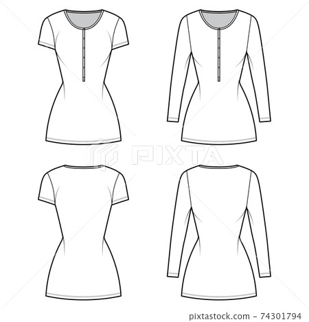 Set of Shirt dresses mini technical fashion illustration with henley neck, short, long sleeves, fitted body, jersey Flat 74301794