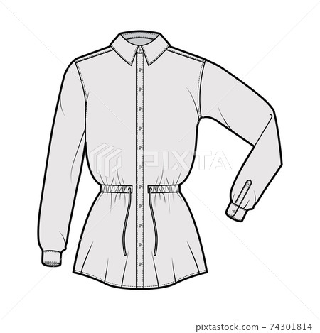 Shirt drawstring gathered waist technical fashion illustration with tie, folded sleeves, tunic length, classic collar Shirt drawstring gathered waist technical fashion illustration with tie, folded sleeves, tunic length, classic collar 74301814
