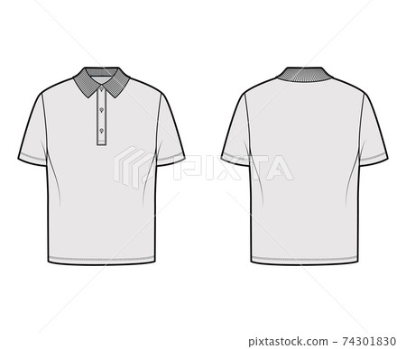 Shirt polo technical fashion illustration with short sleeves, tunic length, henley neck, oversized, flat knit collar 74301830