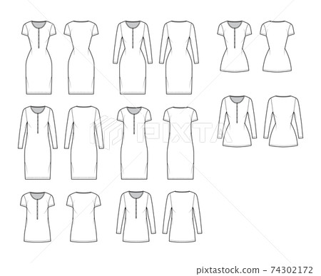 Set of Shirt dresses technical fashion illustration with henley neck, long, short sleeves, knee length, oversize, fitted Set of Shirt dresses technical fashion illustration with henley neck, long, short sleeves, knee length, oversize, fitted 74302172