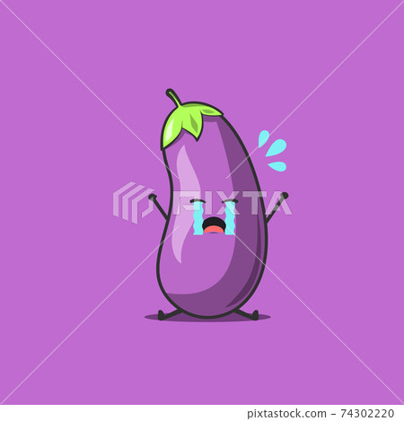 Funny cute eggplant character. Vector flat eggplant cartoon character feeling sad and crying. Isolated on purple background. Eggplant fruit concept Funny cute eggplant character. Vector flat eggplant cartoon character feeling sad and crying. Isolated on purple background. Eggplant fruit concept 74302220