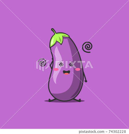 Funny cute eggplant character. Vector flat eggplant cartoon character feel so dizzy. Isolated on purple background. Eggplant fruit concept Funny cute eggplant character. Vector flat eggplant cartoon character feel so dizzy. Isolated on purple background. Eggplant fruit concept 74302228