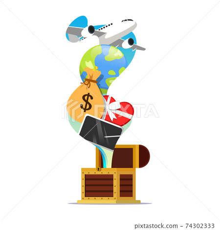 Treasure chest bring up various things. Birthday gift illustration. Vector illustration isolated on white background Treasure chest bring up various things. Birthday gift illustration. Vector illustration isolated on white background 74302333