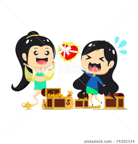 Birthday illustration. female genie characters give present to a little girl Birthday illustration. female genie characters give present to a little girl 74302334