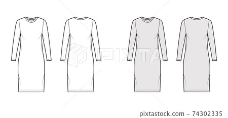 T-shirt dress technical fashion illustration with crew neck, long sleeves, knee length, oversized, Pencil fullness. Flat 74302335