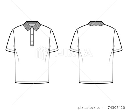 Shirt polo technical fashion illustration with short sleeves, tunic length, henley neck, oversized, flat knit collar 74302420