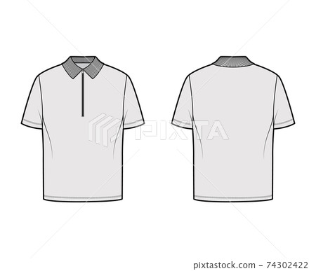 Shirt zip polo technical fashion illustration with short sleeves, tunic length, henley neck, oversized, flat knit collar Shirt zip polo technical fashion illustration with short sleeves, tunic length, henley neck, oversized, flat knit collar 74302422