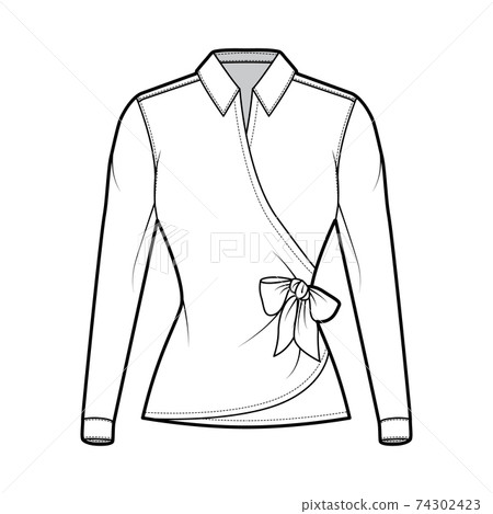 Shirt wrap technical fashion illustration with bow tie closure, long sleeves, classic collar, fitted body. Flat blouse 74302423