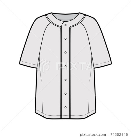 Shirt baseball button front technical fashion illustration with raglan short sleeves, button up, oversized. Flat apparel 74302546