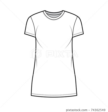 T-shirt dress technical fashion illustration with crew neck, short sleeves, mini length, oversized, Pencil fullness Flat 74302549