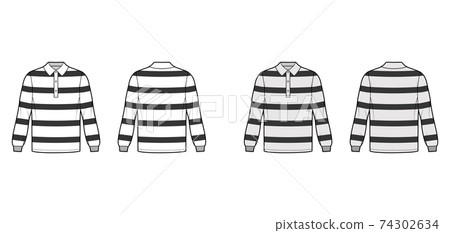 Shirt rugby technical fashion illustration with long sleeves, tunic length, henley neck, oversized, flat collar. Apparel Shirt rugby technical fashion illustration with long sleeves, tunic length, henley neck, oversized, flat collar. Apparel 74302634