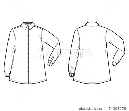 Shirt trapeze technical fashion illustration with elbow folded long sleeves with cuff, classic regular collar, oversized Shirt trapeze technical fashion illustration with elbow folded long sleeves with cuff, classic regular collar, oversized 74302676