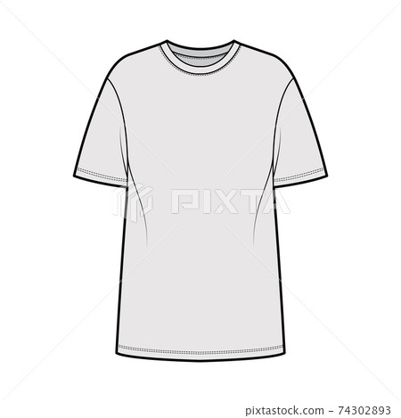 T-shirt oversized technical fashion illustration with short sleeves, crew neck, dropped shoulder, elongated hem. Flat T-shirt oversized technical fashion illustration with short sleeves, crew neck, dropped shoulder, elongated hem. Flat 74302893