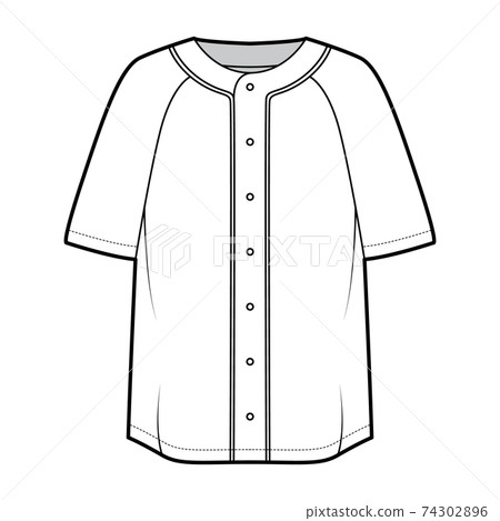 Shirt baseball button front technical fashion illustration with raglan short sleeves, button up, oversized. Flat apparel 74302896