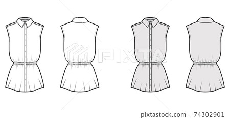 Shirt drawstring gathered waist technical fashion illustration with sleeveless, tunic length, classic collar apparel 74302901