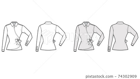 Shirt wrap technical fashion illustration with bow tie closure, elbow folded long sleeves, classic collar, fitted body Shirt wrap technical fashion illustration with bow tie closure, elbow folded long sleeves, classic collar, fitted body 74302909