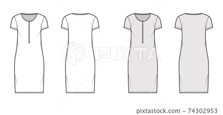 Shirt dress technical fashion illustration with henley neck, short sleeves, knee length, oversized, Pencil fullness Flat 74302953