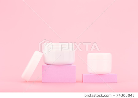 Two jars with cream or mask, under eye, firming or anti aging beauty product on pink podium against pink background Two jars with cream or mask, under eye, firming or anti aging beauty product on pink podium against pink background 74303045