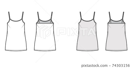 Camisole dress technical fashion illustration with scoop neck, straps, mini  length, fitted body, Pencil fullness. Flat apparel template front, back,  white, grey color. Women, men, unisex CAD mockup Stock Vector Image 