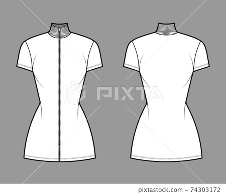 Turtleneck zip-up dress technical fashion illustration with short sleeves, mini length, fitted body, Pencil fullness. Turtleneck zip-up dress technical fashion illustration with short sleeves, mini length, fitted body, Pencil fullness. 74303172