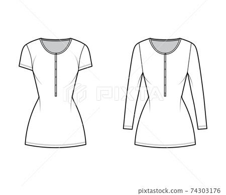 Set of Shirt dresses mini technical fashion illustration with henley neck, short, long sleeves, fitted body, stretch 74303176