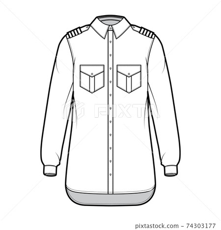 Shirt pilot airline technical fashion illustration with chevron, long sleeves with cuff, angled flap pockets apparel 74303177