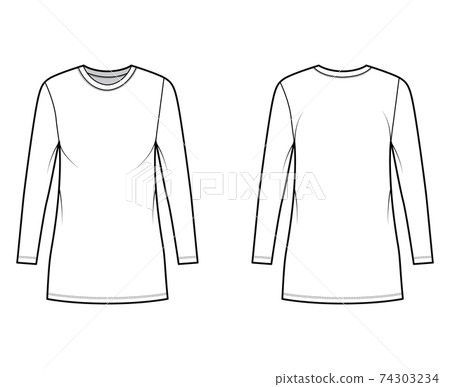 T-shirt dress technical fashion illustration with crew neck, long sleeves, mini length, oversized, Pencil fullness. Flat 74303234