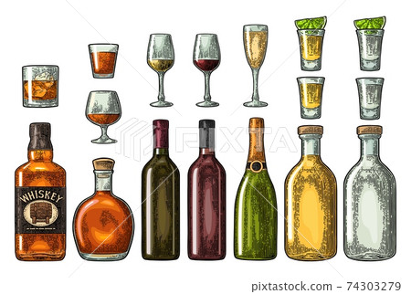 Set glass and bottle whiskey, wine, tequila, cognac, champagne. Vector engraving Set glass and bottle whiskey, wine, tequila, cognac, champagne. Vector engraving 74303279
