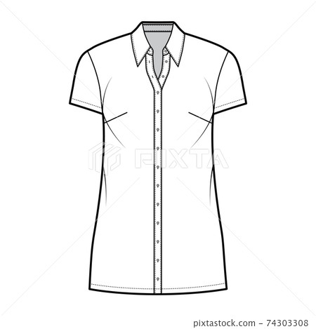 Shirt dress technical fashion illustration with classic collar, mini length, oversized body, Pencil fullness, button up Shirt dress technical fashion illustration with classic collar, mini length, oversized body, Pencil fullness, button up 74303308