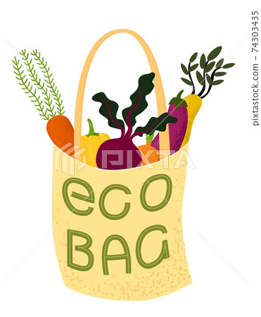 Eco bag. Vector illustration of cloth tote full of organic vegetables with lettering. Eco bag. Vector illustration of cloth tote full of organic vegetables with lettering. 74303435