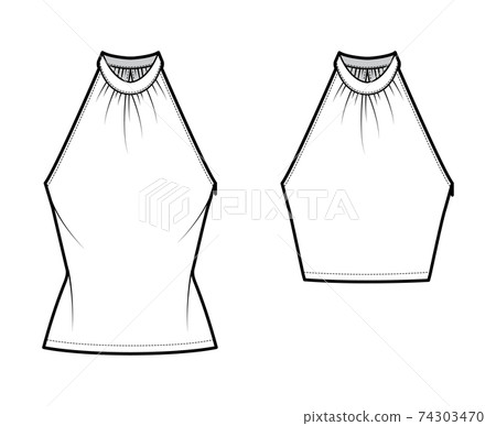 Set of Tops banded high neck halter tank technical fashion illustration with wrap, slim fit, crop, tunic length. Flat Set of Tops banded high neck halter tank technical fashion illustration with wrap, slim fit, crop, tunic length. Flat 74303470