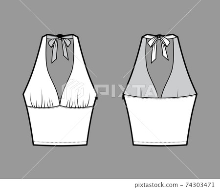 Top crop empire seam and tieback halter tank technical fashion illustration with slim fit, waist length. Flat apparel 74303471