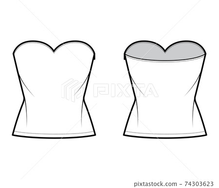 Top crop strapless sweetheart neckline technical fashion illustration with slim fit, waist length. Flat apparel shirt 74303623