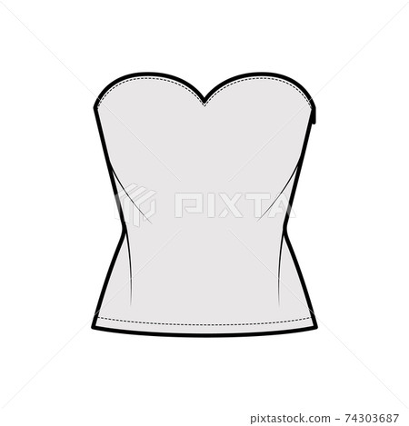 Top crop strapless sweetheart neckline technical fashion illustration with slim fit, waist length. Flat apparel shirt Top crop strapless sweetheart neckline technical fashion illustration with slim fit, waist length. Flat apparel shirt 74303687